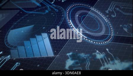 Glowing circular holographic interface pulsing on virtual dashboard, showing bar chart and traces Stock Photo