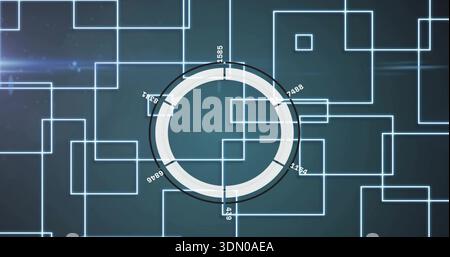 Displaying central HUD ring on glowing grid showing ticks numeric labels lens flare light streaks Stock Photo
