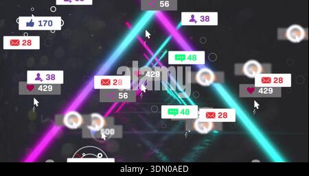 Glowing magenta cyan beams forming neon triangle, floating social badges with counters and cursors Stock Photo