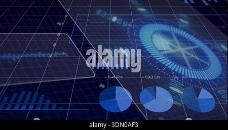 Displaying data dashboard showing panels on navy grid with bar charts, pie charts, radial gauge Stock Photo