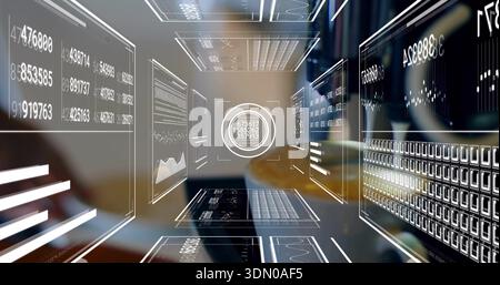 Projecting virtual data corridor receding in data lab, with circular HUD and holographic panels Stock Photo