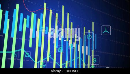 Displaying neon bar chart with red and teal lines on dark dashboard, showing floating eco icons Stock Photo