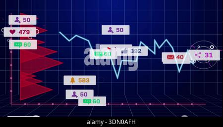 Displaying neon blue line chart on navy grid, showing white badges, red histogram, circular HUD Stock Photo