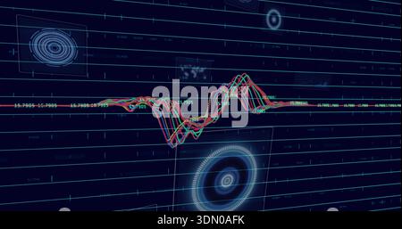 Displaying multicolored waveform tracing central axis on HUD display with gridlines, numeric labels Stock Photo