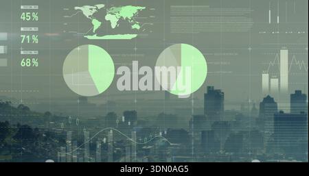 Displaying centered digital dashboard overlay over urban skyline, showing world map and pie charts Stock Photo