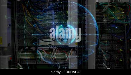 Displaying holographic globe overlaying server racks in data center, showing Ethernet cables Stock Photo