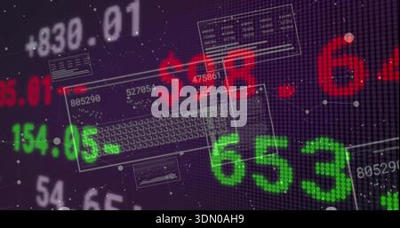 Displaying large green 653 and red dollar sign on virtual trading dashboard with HUD panels Stock Photo