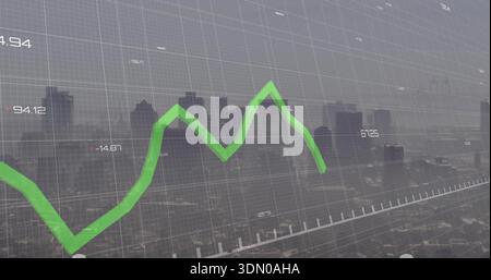 Displaying green 3D line chart moving across downtown skyline, with grid and numeric labels Stock Photo