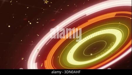 Pulsing large concentric circular interface occupying right side at grid plane, showing neon rings Stock Photo