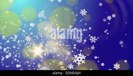 Drifting cluster of white snowflakes with bokeh discs moving over blue violet gradient, star flare Stock Photo