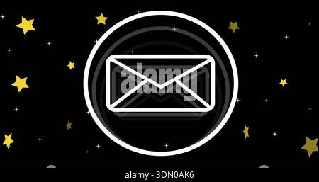 Displaying central envelope icon inside white ring featuring stacked shadows in starry vector field Stock Photo