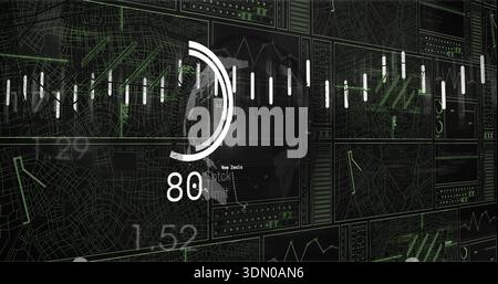 Displaying semi-circular gauge showing numeric 80 on control wall with green map traces, sparklines Stock Photo