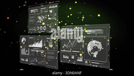 Floating three holographic panels showing line charts, gauges, pixelated globe in virtual data hub Stock Photo