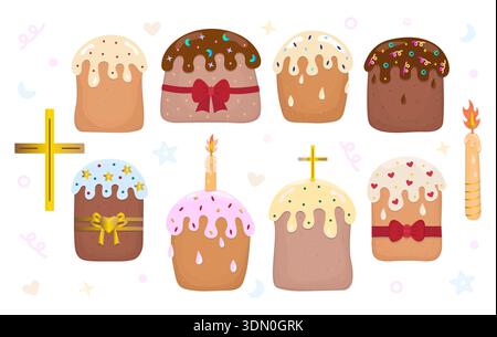 Easter cakes, candle and gold cross. Vector color set. Kulichi with cream, whimsical illustrations. Festive yeast pies with sprinkles and icing, vario Stock Vector