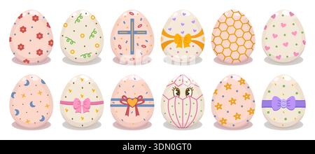 Colorful decorated Easter eggs with various patterns, vector icon big set. Color decorative holiday food signs. Creative festive pictograms, whimsical Stock Vector