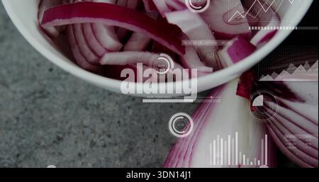 Displaying white ceramic bowl of sliced red onions on gray countertop, halved onion, HUD overlays Stock Photo