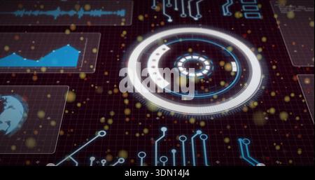 Rotating glowing HUD dial on dark grid, showing data panels, neon traces, golden orbs Stock Photo