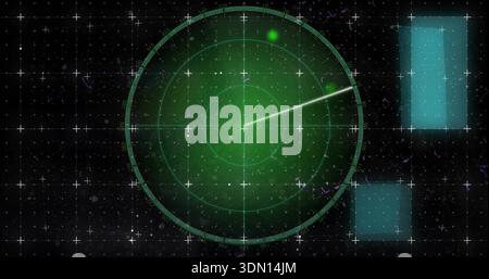 Displaying green circular radar scope centered on control display, with rotating sweep and blip Stock Photo