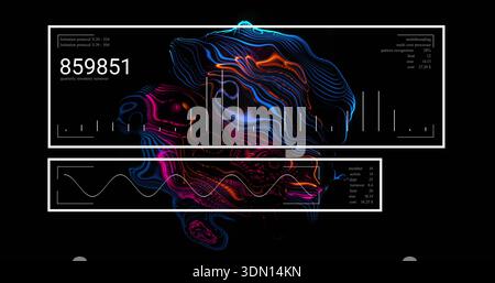 Displaying neon topographic waveform pulsing on black dashboard, with HUD panels 859851 Stock Photo