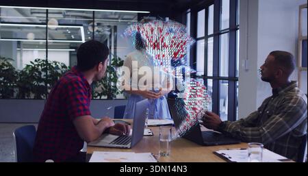 Presenting adult Asian woman wearing light blue skirt in modern conference room, with 3D data globe Stock Photo