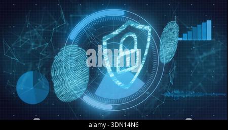 Displaying central shield with padlock in circular HUD on security interface, showing fingerprints Stock Photo