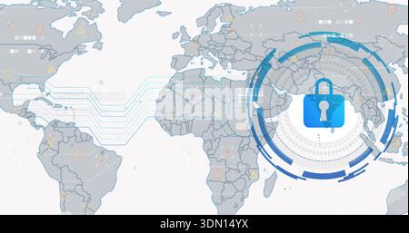 Displaying blue padlock icon locking circular HUD over world map, with circuit lines, copy space Stock Photo