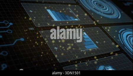 Displaying translucent data panel pair showing blue bar charts at virtual console, with gold sparks Stock Photo