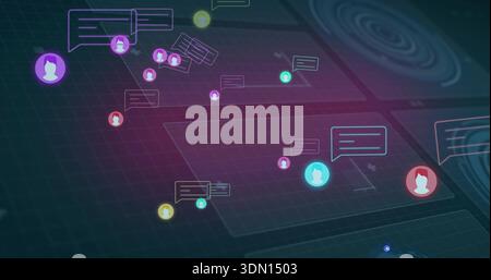 Floating colored user avatars and speech bubbles creating network on dark teal grid, glowing nodes Stock Photo