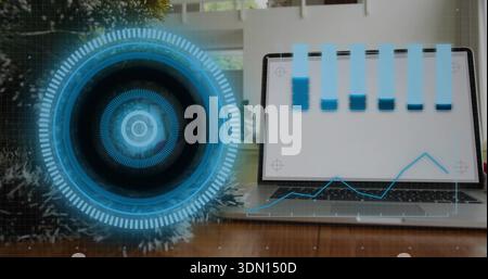 Displaying open silver laptop with blue vertical tabs and line graph on wooden desk, HUD overlay Stock Photo