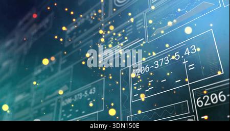 Floating translucent UI panels drifting in digital data scene, showing numbers and particles Stock Photo