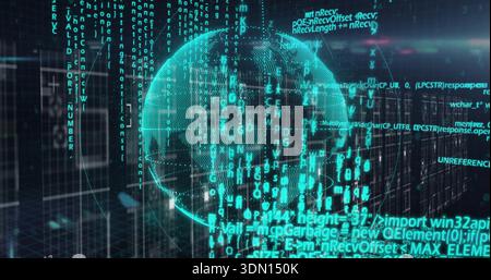 Glowing holographic cyan globe rotating in virtual space, with streaming-code and wireframe-grid Stock Photo