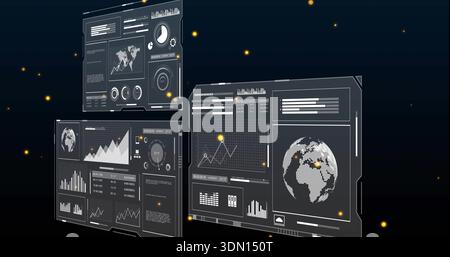 Showing three floating hologram panels in virtual space, displaying dotted globe charts gauges Stock Photo
