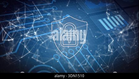 Displaying white outlined shield with padlock centered on virtual dashboard, showing node network Stock Photo