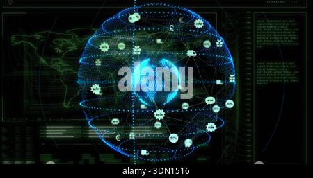 Rotating holographic globe showing orbital rings, linking nodes with â‚¬ Â£ truck icons on console Stock Photo