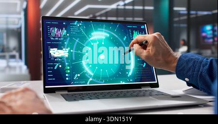 Man Using Artificial Intelligence Dashboard To Control Business Analytics Data Stock Photo