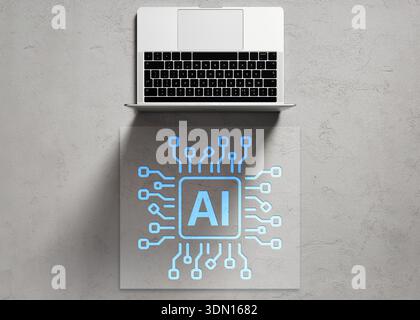 Laptop connecting with a glowing AI chip symbol on a textured gray background, representing artificial intelligence technology implementation and futu Stock Photo