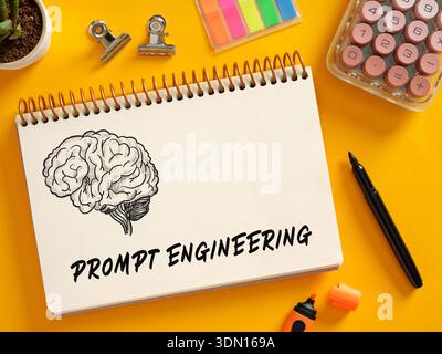 Notebook displaying brain illustration and prompt engineering text, representing AI, creativity, and idea generation Stock Photo