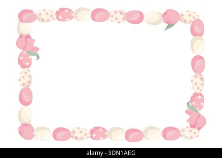 Rectangular frame with pink Easter eggs and tulips. Vector illustration of Easter eggs with a geometric and floral pattern. Perfect for an Easter them Stock Vector