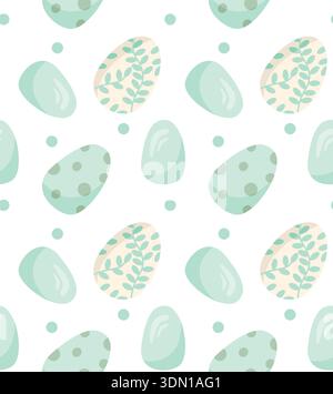 Easter green eggs and dots. Seamless vector pattern. Festive pattern with eggs in geometric and floral patterns. Suitable for prints, apparel, backgro Stock Vector