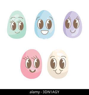 A collection of flat-design Easter eggs with various facial expressions. Vector illustration with emoji eggs. Suitable for Easter-themed designs for c Stock Vector