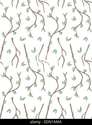 Seamless pattern of tree branches with green leaves on a white background in a minimalist style for nature-inspired designs and textiles Stock Vector