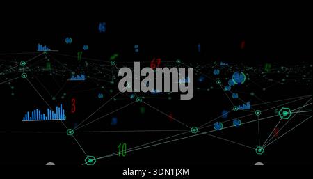 Displaying turquoise nodes with thin white lines in digital space, showing blue charts and numerals Stock Photo