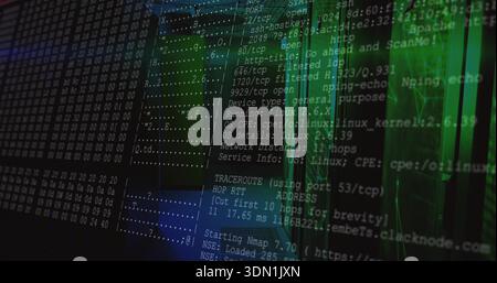 Displaying translucent console text showing Nmap or traceroute and hex dump in server room, rack LED Stock Photo