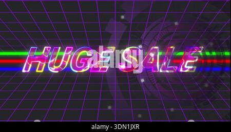 Displaying neon "HUGE SALE" lettering over purple grid plane with RGB stripes and HUD rings Stock Photo