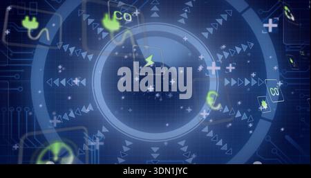 Animating central circular HUD with rings rotating on blue grid showing CO2+ tile plug particles Stock Photo