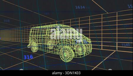 Rendering wireframe passenger van model moving through 3D grid tunnel, showing numeric overlays Stock Photo