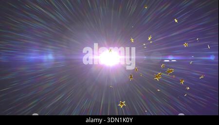 Radiating bright central burst sending colorful lens flares and golden stars across cosmic field Stock Photo