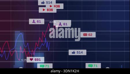 Displaying analytics dashboard showing red and blue charts on dark grid, with floating metric tags Stock Photo