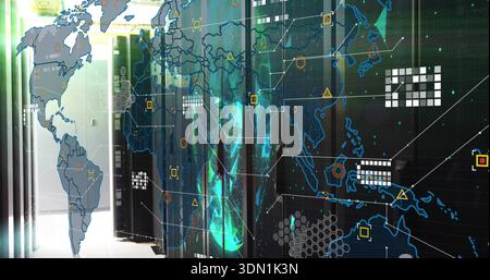 Showing server racks with LED lights and cabling in data center aisle, left doorway projecting map Stock Photo