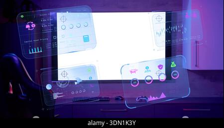 Glowing mounted monitor displaying white screen in gaming room, showing HUD panels and keyboard Stock Photo